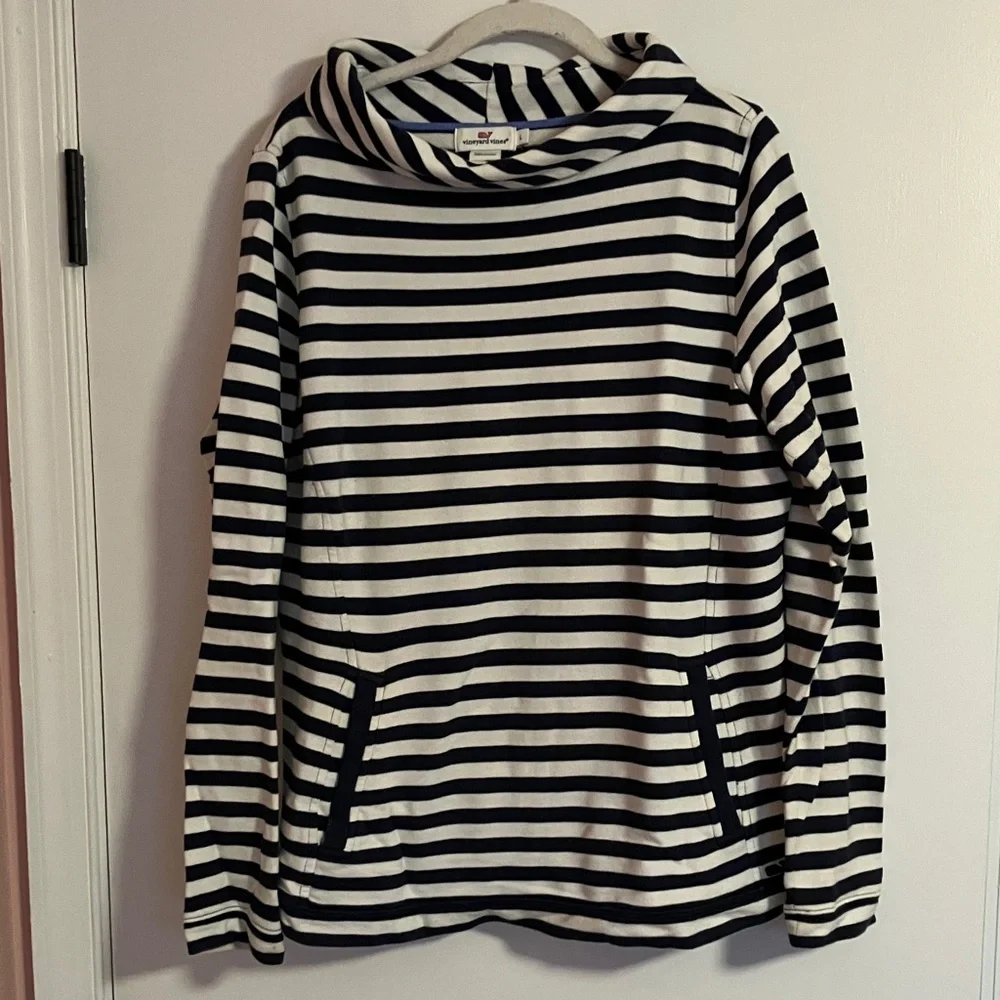 Vineyard Vines Navy and White Striped Cowl Neck Sweatshirt - Picture 2 of 7